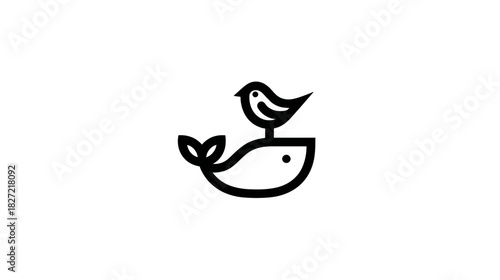 Minimalist Line Art Illustration of a Small Bird Perched on a Whale. Simple Black and White Animal Graphic Design Element