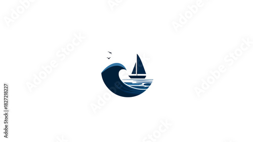 Stylized vector illustration of a sailboat navigating a large blue ocean wave under a serene sky with flying birds.
