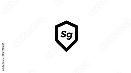 Abstract SG initial letter graphic symbol within a geometric shield outline. Minimalist black and white modern design concept.