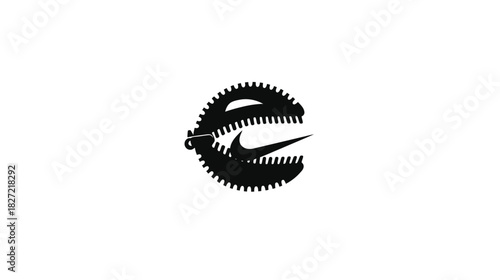 Abstract black industrial gear icon with dynamic curve and teeth on white background, modern minimalist powerful design concept.
