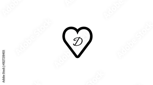Minimalist black outline heart with elegant script letter D inside on a clean white background, simple graphic icon for love and initials.