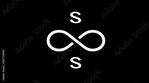 White infinity symbol with two letter S characters on a black background, representing eternity, endlessness, and continuous flow. Simple graphic.