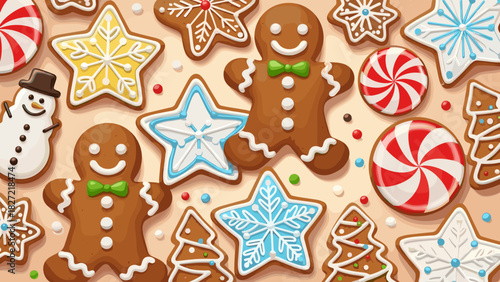 Assorted christmas cookies and candies on a light background