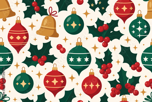 Seamless christmas pattern with ornaments holly and bells