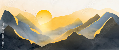 Landscape art background featuring mountains and the sun at sunset or sunrise with watercolor textures. A natural banner for wallpaper, prints, packaging, textiles, and interior design.