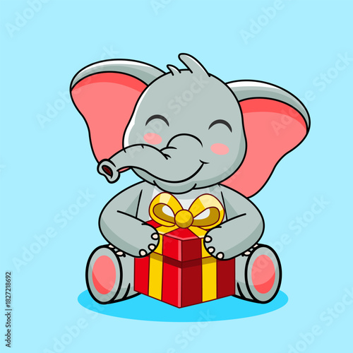 Cute Baby Elephant Holding a Special Gift Box Vector Illustration Cartoon Kawaii Isolated Design