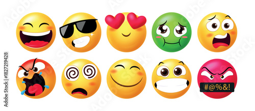Vibrant emoji collection showing different emotions—happy, cool, love, dizzy, angry, shocked, embarrassed, silly, and frustrated. Perfect for stickers, chat icons, and digital designs.