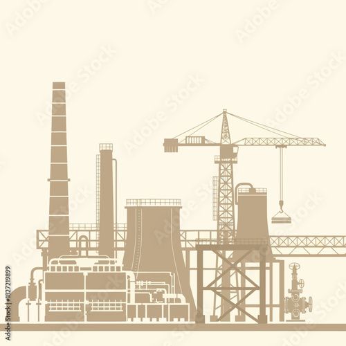 Industrial complex with towering structures and a crane.