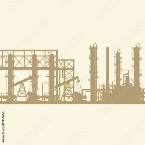 Industrial complex silhouette depicting oil refinery and processing plant.