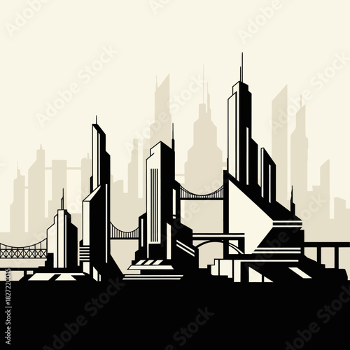 Futuristic Cityscape with Modern Architecture and Bridges.