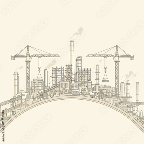 Architectural sketch of a massive industrial plant with construction cranes.