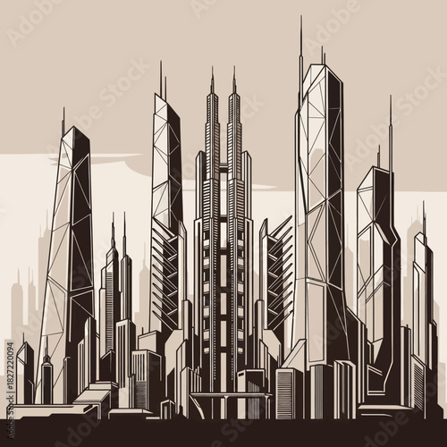 Futuristic Cityscape - A Detailed Architectural Illustration of Urban Innovation.