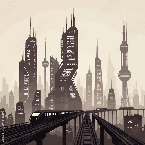 Futuristic cityscape with elevated train and modern skyscrapers against a hazy sky.