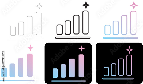 Infographic style flat bar graph icons set representing data progress, business growth, and network signal strength, with a star indicating top achievement