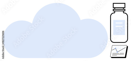 Blue cloud with a medicine bottle and an analytics chart. Ideal for technology, healthcare, data analysis, innovation, digital transformation, predictive analytics, cloud storage. Simple flat