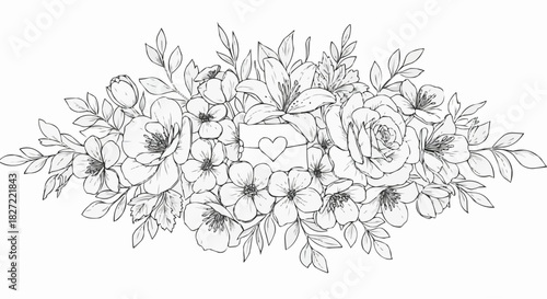 Floral arrangement illustration with a heart and leaves on white background
