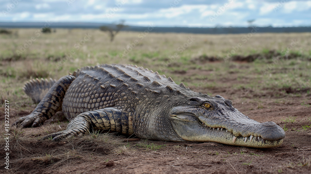 Fototapeta premium Nile crocodile resting in the African savanna. Generative AI