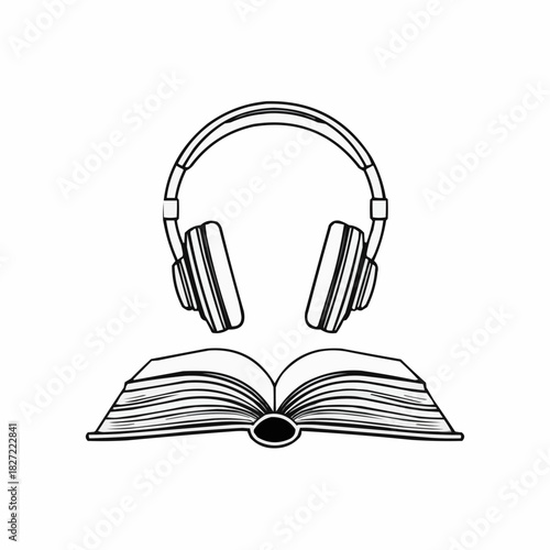 Open book with headphones illustration on white background
