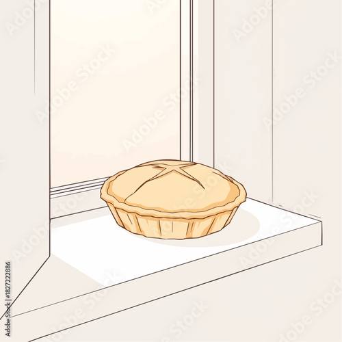 Homemade pie illustration on a windowsill with warm sunlight