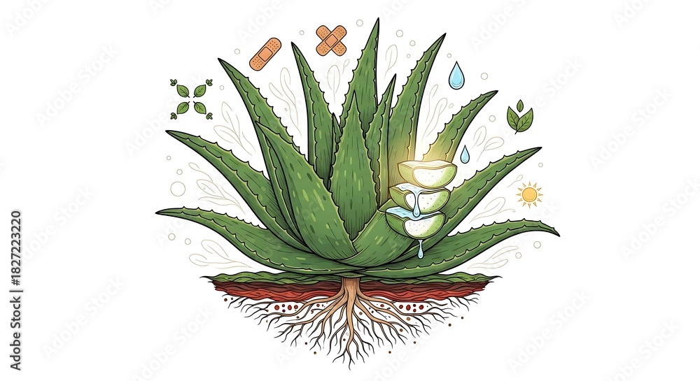 Fototapeta premium Aloe vera plant illustration with healing symbols for wellness and health
