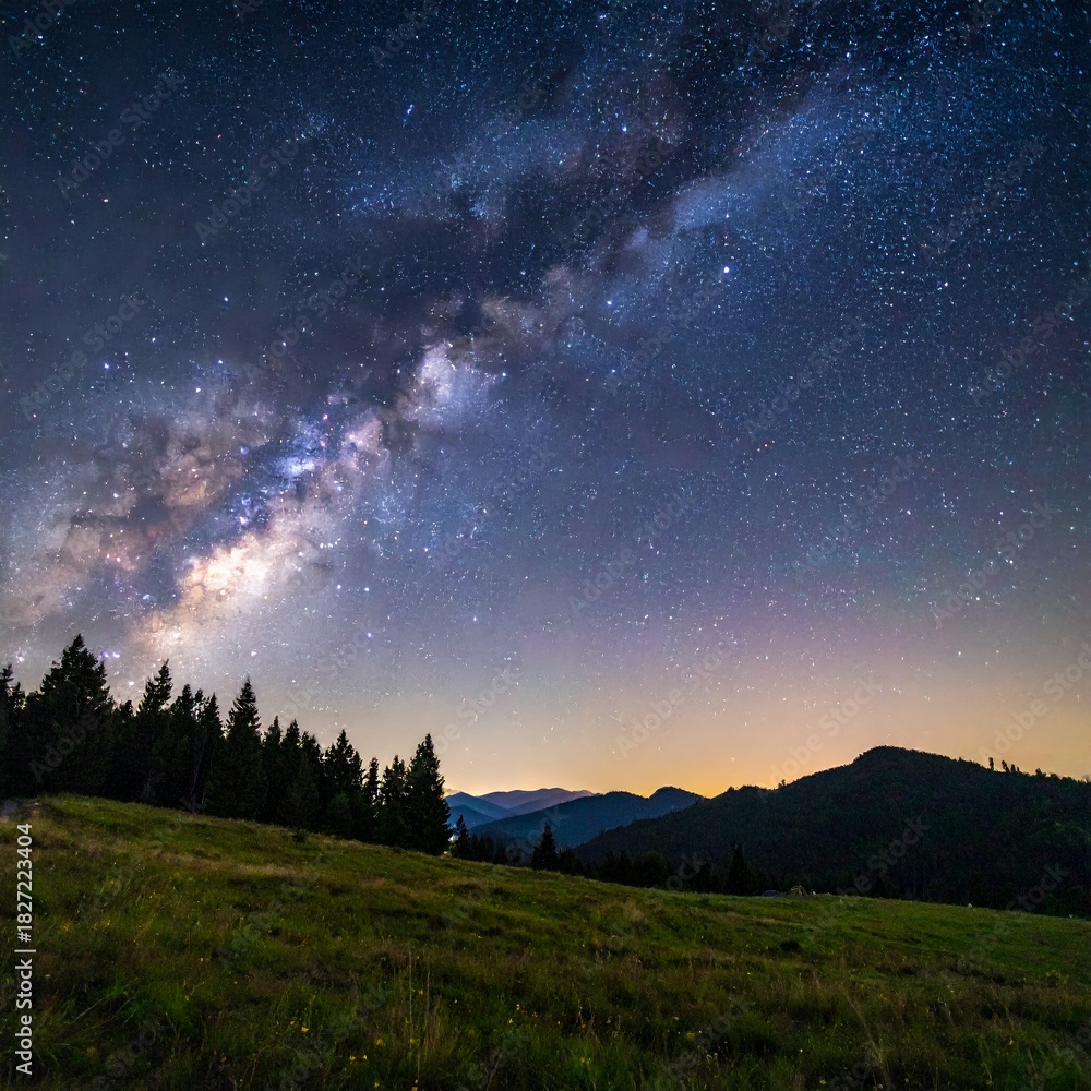 Fototapeta premium Stunning Milky Way Galaxy Arching Over a Serene Mountain Landscape at Night with Silhouetted Trees and a Faint Horizon Glow.