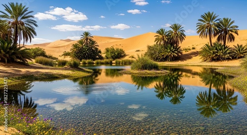 Wallpaper Mural Discover serene desert oasis with crystal clear water reflecting palm trees and golden sand dunes under sunny blue skies, perfect for travel and adventure inspiration Torontodigital.ca
