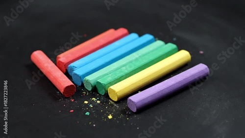 Vibrant colored chalk sticks are neatly arranged in a rainbow pattern on a dark background.