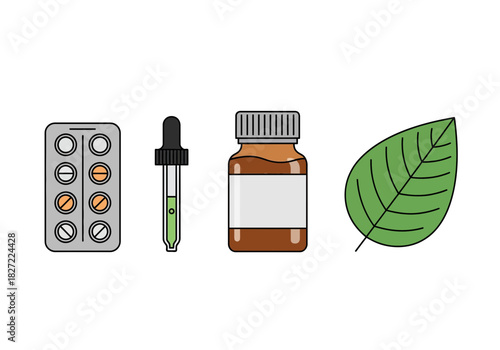 Herbal Medicine Set with Pills Dropper Bottle and Leaf.