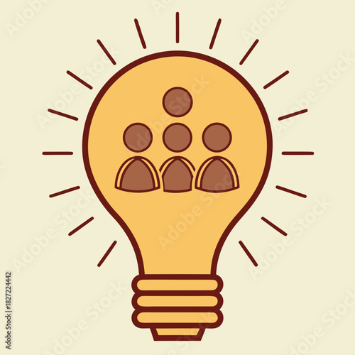 Idea Generation: Depicting a collective of figures within a luminous lightbulb, it symbolizes the spark of ingenuity, the synthesis of teamwork, and the genesis of inventive solutions.