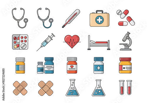 A collection of colorful flat design medical and healthcare icons.