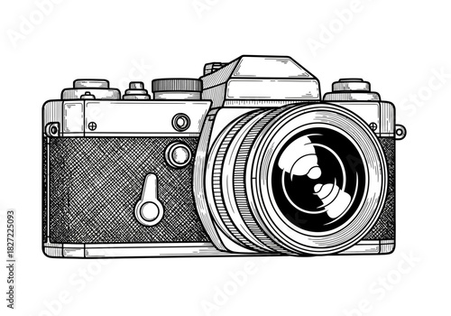 Vintage Camera Illustration with Detailed Lens and Body.
