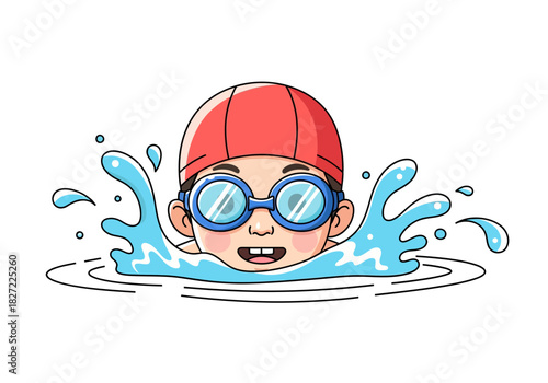 Cartoon swimmer in the water with goggles and a red cap.