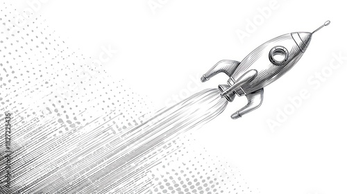 Fototapeta Naklejka Na Ścianę i Meble -  Monochrome illustration of a rocket ship blasting off, leaving a trail with halftone dots