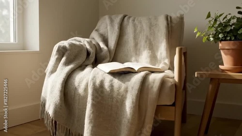 A cozy armchair draped with a soft blanket and an open book sits by a sunlit window