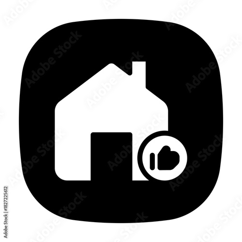 button icon of a smart home with approval badge, filled IoT automation symbol.