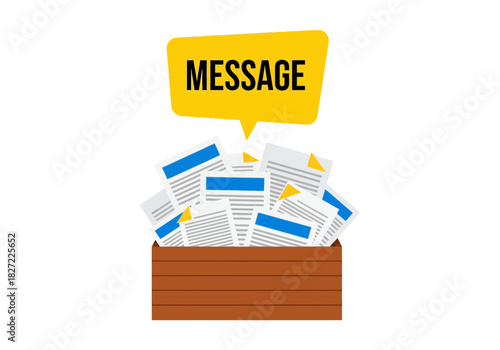 Overflowing box with important messages and documents representing information overload.