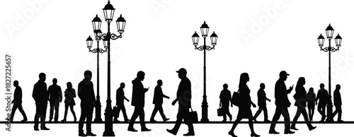 Black and white silhouette of pedestrians walking past vintage street lights, urban crowd vector illustration for background.