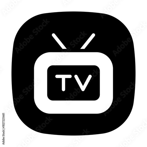 button icon of a TV monitor, filled broadcast media symbol.