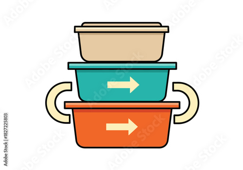 Stackable food containers with handles and arrows for easy storage and transport of meals.