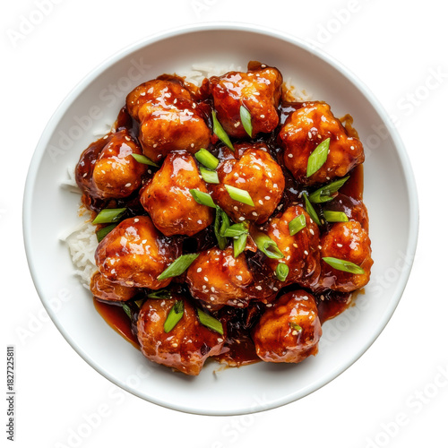 Delicious Sweet and Sour Chicken Meatballs Served Over Rice with Fresh Green Onions in a Bright Bowl on transparent background
