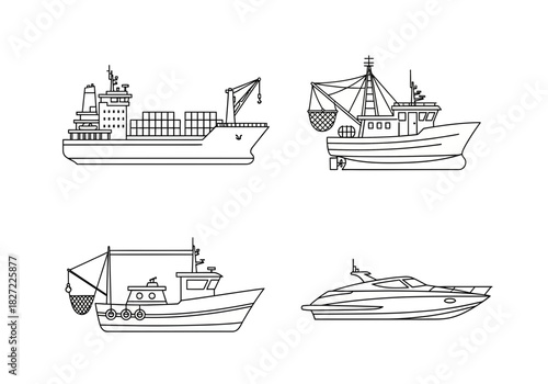 Vector line art collection of various sea vessels and boats.