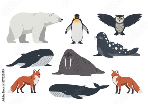 Diverse Collection of Arctic and Antarctic Animals in Flat Design.