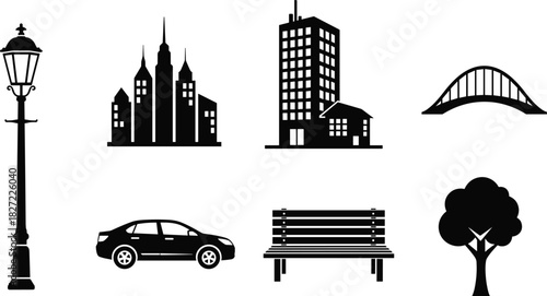Set of black urban city silhouette icons including lamp, building, car, bench, and tree vector.