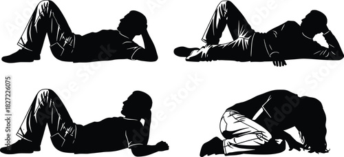 Set of male silhouettes lying down, relaxing positions, crouching man, vector illustration collection, black and white people poses