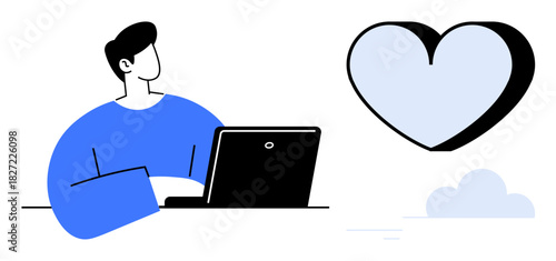 Person seated with laptop, gazing at a large heart, representing connection, motivation, creativity, relationships, focus, mindfulness and positivity. Ideal for personal growth teamwork charity