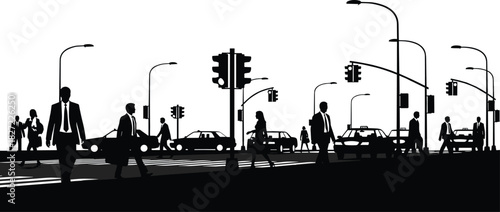Silhouette of busy urban city street with walking business people, commuters, traffic lights, and cars during rush hour.