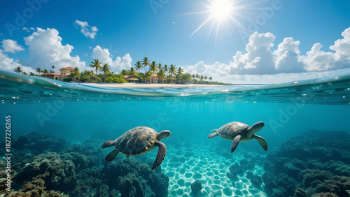 Fototapeta Naklejka Na Ścianę i Meble -  Over-under view of sea turtles swimming over a coral reef with a sunny tropical island resort