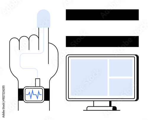 Hand with wearable device capturing biometrics, connected to device displaying data. Ideal for health, fitness, technology, telemedicine, remote care, innovation data tracking. Simple flat metaphor