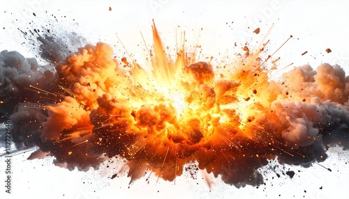 A vibrant, dynamic explosion erupts in a burst of fiery orange and grey against white
