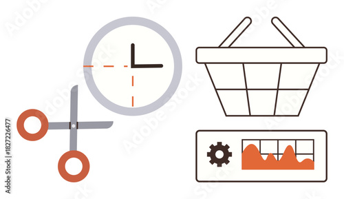 Clock with scissors, shopping basket, and analytics chart with gear representing time-saving, efficiency, productivity, online shopping, retail management, data analysis, simple flat metaphor